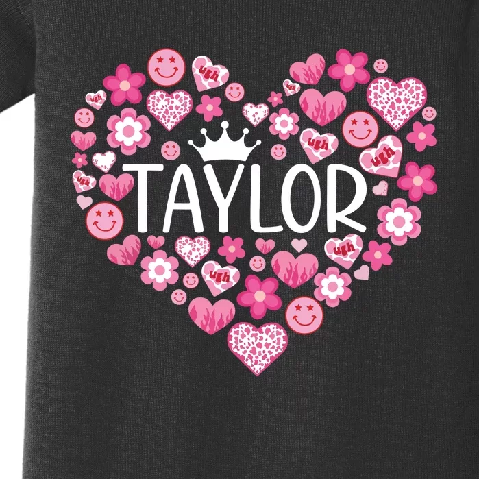 Taylor First Name I Love Taylor Girl Groovy 80s Pink White Baby Bodysuit