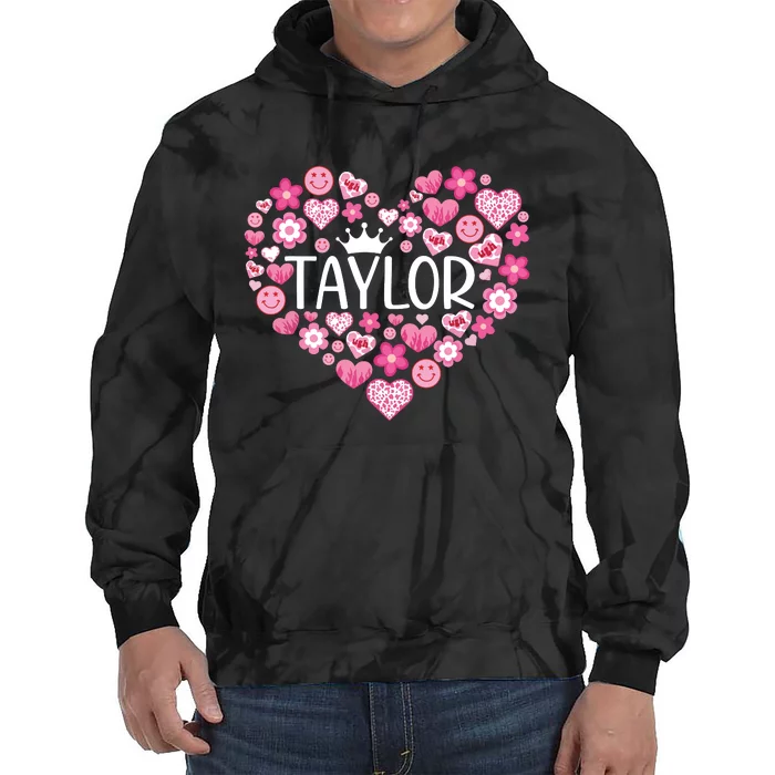 Taylor First Name I Love Taylor Girl Groovy 80s Pink White Tie Dye Hoodie