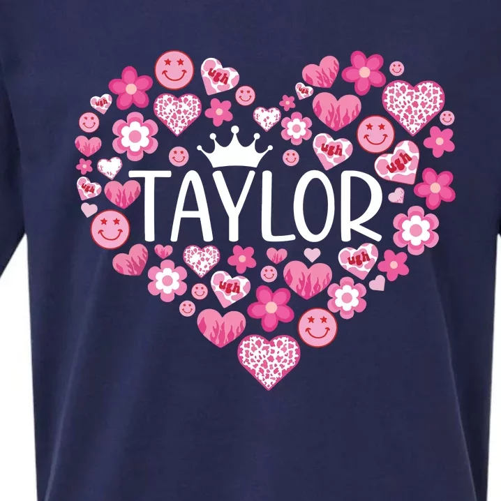 Taylor First Name I Love Taylor Girl Groovy 80s Pink White Sueded Cloud Jersey T-Shirt