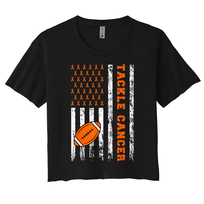 Tackle Football Orange Ribbon Leukemia Cancer Awareness Women's Crop Top Tee