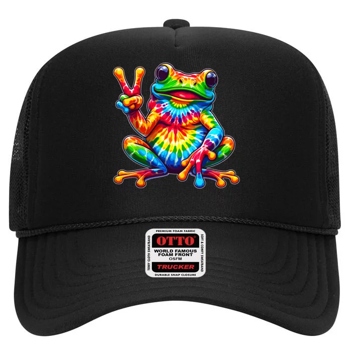 Tiedye Frog Peace Sign Hippie High Crown Mesh Trucker Hat