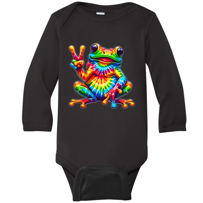 Tiedye Frog Peace Sign Hippie Baby Long Sleeve Bodysuit