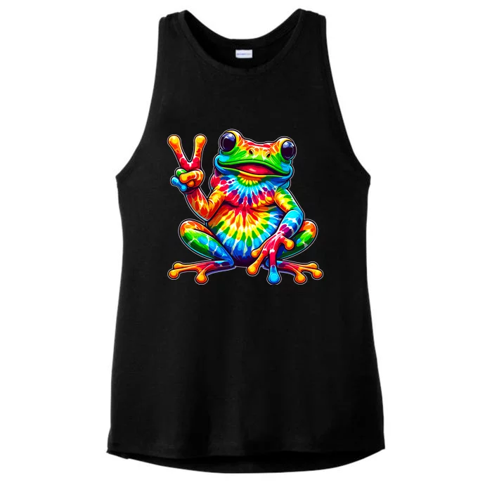 Tiedye Frog Peace Sign Hippie Ladies Tri-Blend Wicking Tank