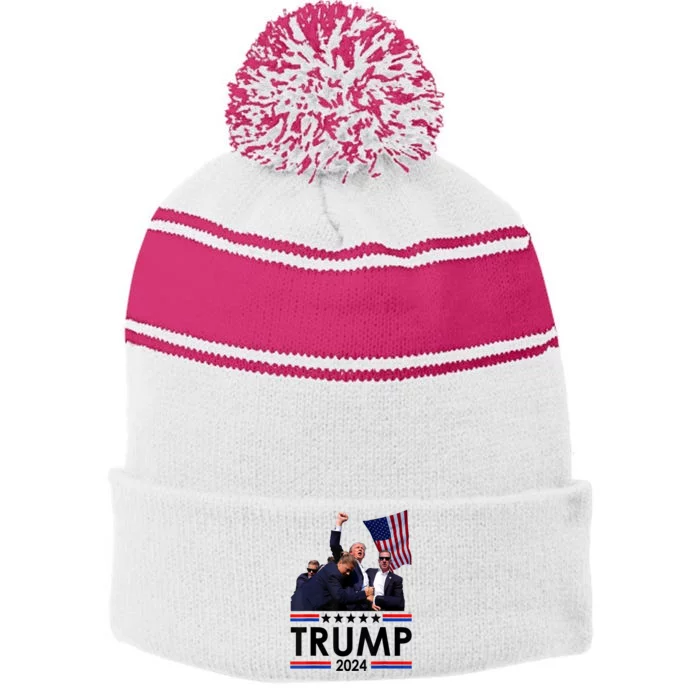 Trump Fist Pump Shot At Trump 2024 Trump Survives Rally Stripe Pom Pom Beanie