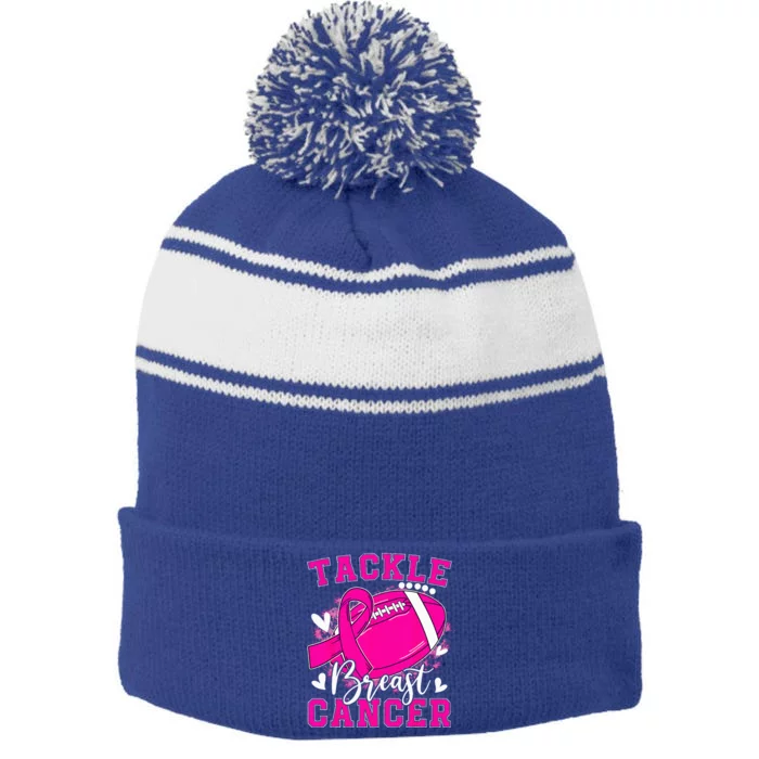 Tackle Football Pink Ribbon Breast Cancer Awareness Stripe Pom Pom Beanie