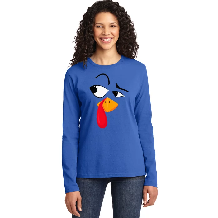 Turkey Face Pilgrim Funny Thanksgiving Costume Ladies Long Sleeve Shirt