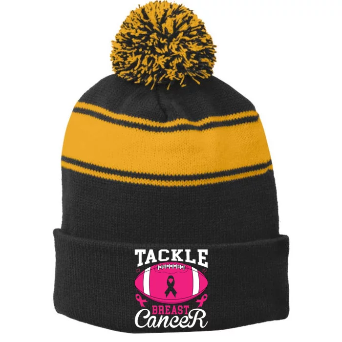 Tackle Football Pink Ribbon Breast Cancer Awareness Stripe Pom Pom Beanie