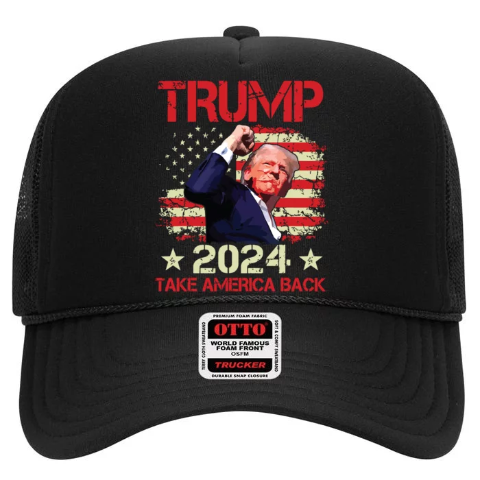 Trump Fist Pump Shot At Trump 2024 Trump Survives Rally High Crown Mesh Trucker Hat