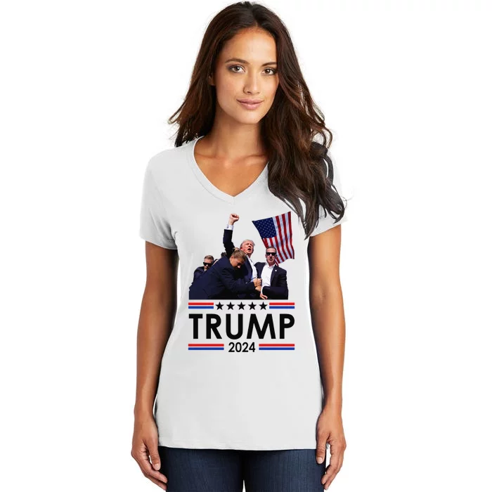 Trump Fist Pump Shot At Trump 2024 Trump Survives Rally Women's V-Neck T-Shirt