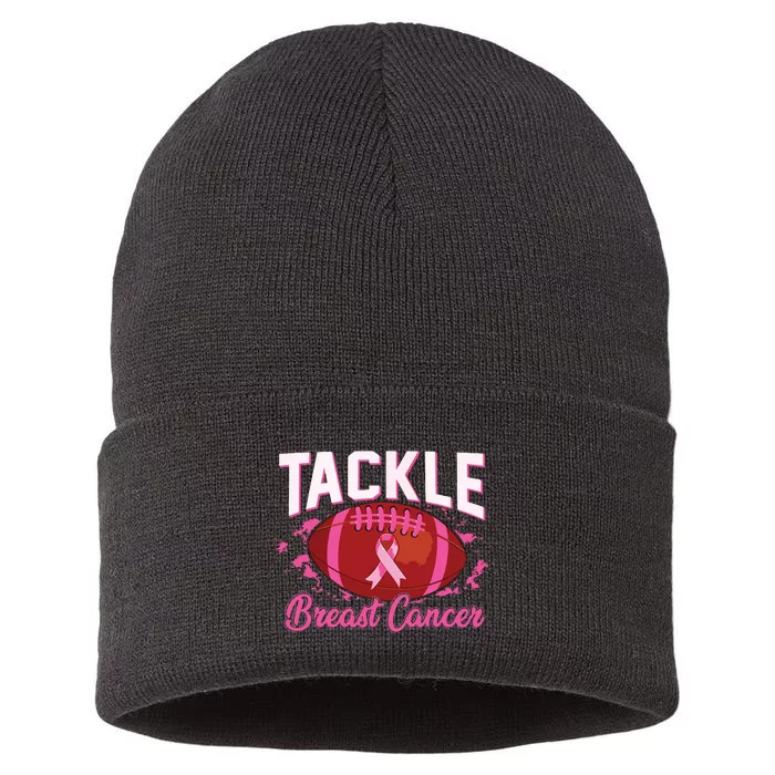 Tackle Football Pink Ribbon Breast Cancer Awareness Kids Sustainable Knit Beanie