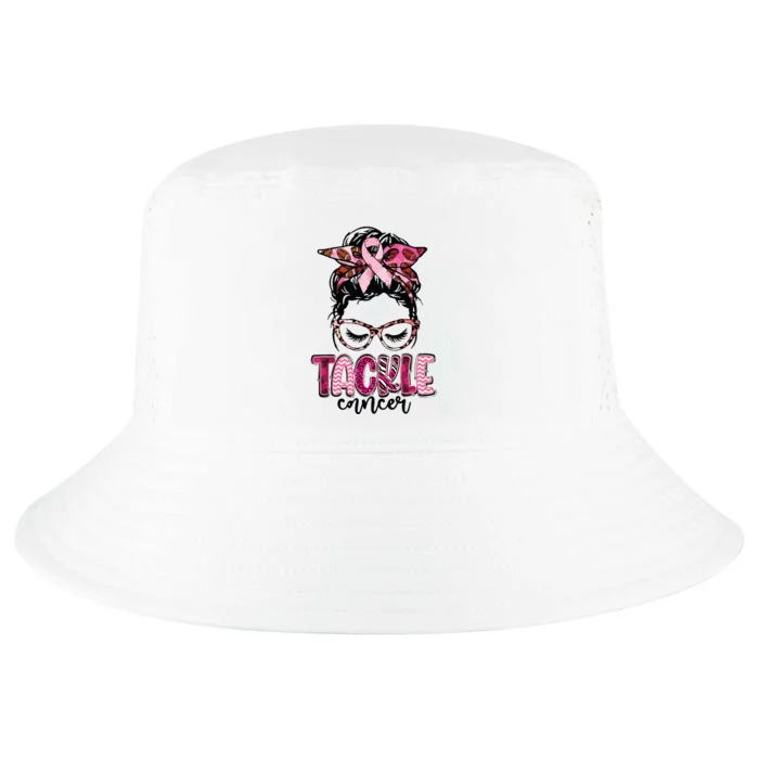 Tackle Football Pink Ribbon Messy Bun Breast Cancer Warrior Cool Comfort Performance Bucket Hat