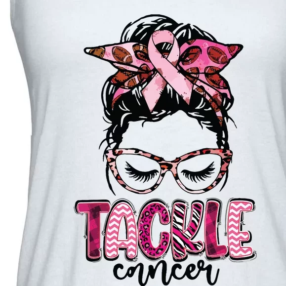 Tackle Football Pink Ribbon Messy Bun Breast Cancer Warrior Ladies Essential Flowy Tank