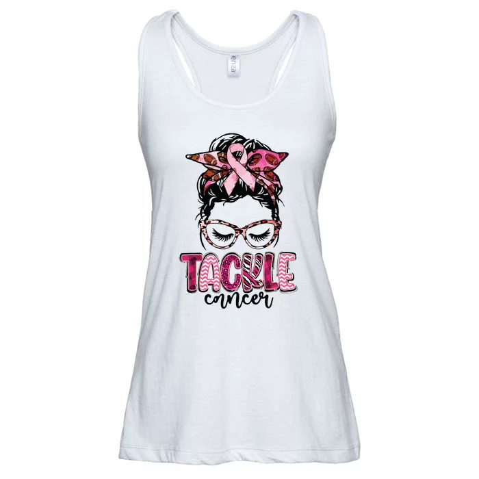 Tackle Football Pink Ribbon Messy Bun Breast Cancer Warrior Ladies Essential Flowy Tank