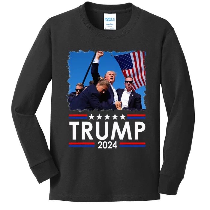 Trump Fist Pump Shot At Trump 2024 Trump Survives Rally Kids Long Sleeve Shirt