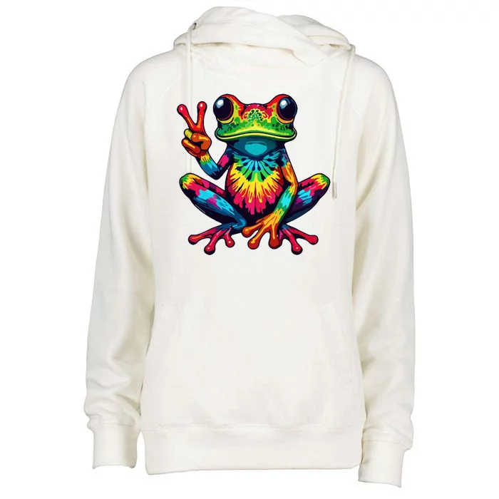 Tiedye Frog Peace Sign Hippie Womens Funnel Neck Pullover Hood