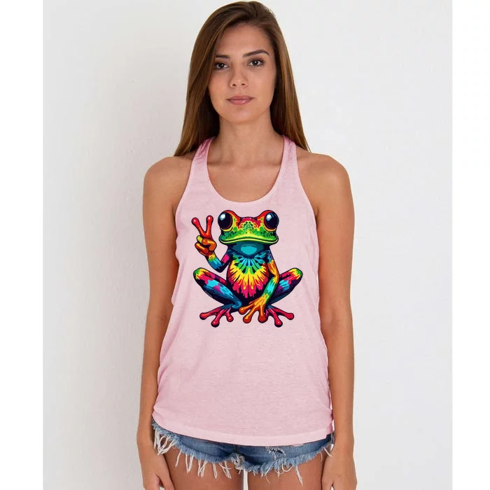 Tiedye Frog Peace Sign Hippie Women's Knotted Racerback Tank