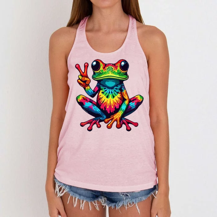 Tiedye Frog Peace Sign Hippie Women's Knotted Racerback Tank