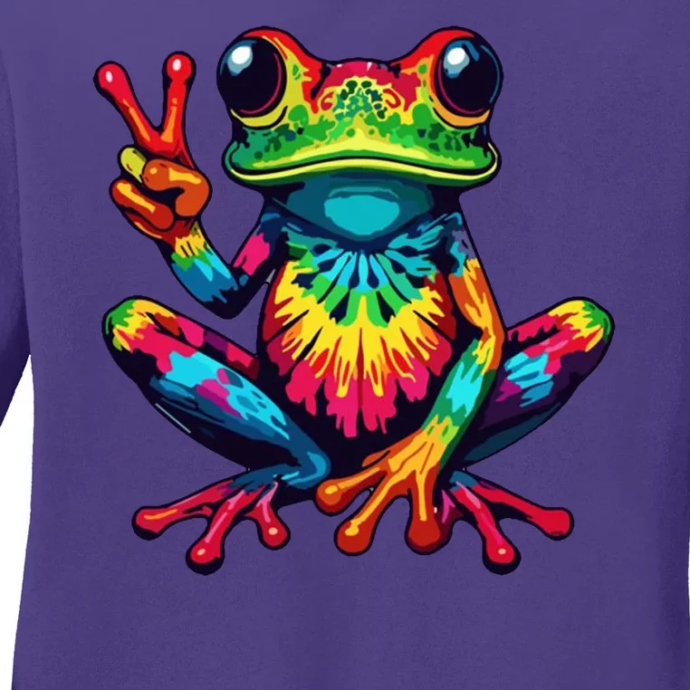 Tiedye Frog Peace Sign Hippie Ladies Long Sleeve Shirt