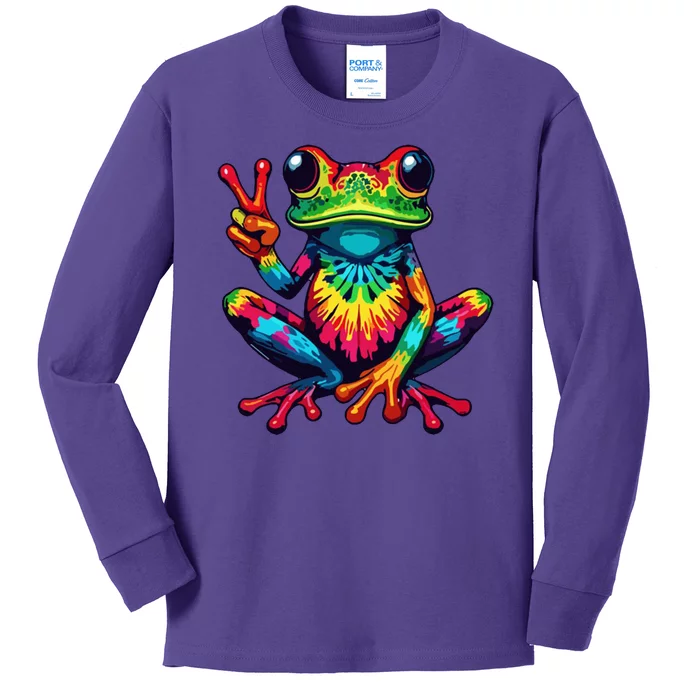 Tiedye Frog Peace Sign Hippie Kids Long Sleeve Shirt