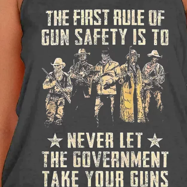 The First Rule Of Gun Safety (on back) Women's Knotted Racerback Tank