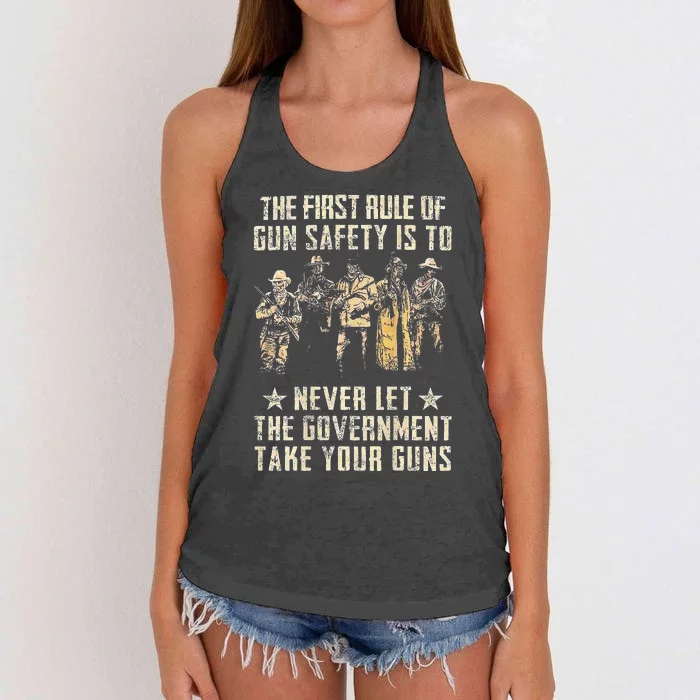 The First Rule Of Gun Safety (on back) Women's Knotted Racerback Tank