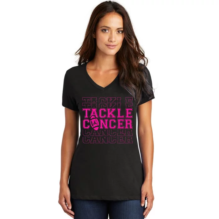 Tackle Football Ribbon Breast Cancer Awareness Women's V-Neck T-Shirt