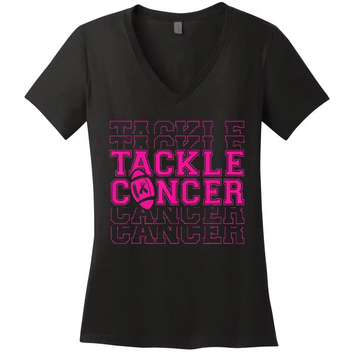 Tackle Football Ribbon Breast Cancer Awareness Women's V-Neck T-Shirt