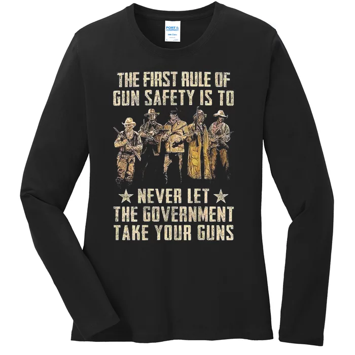 The First Rule Of Gun Safety (On Back) Ladies Long Sleeve Shirt