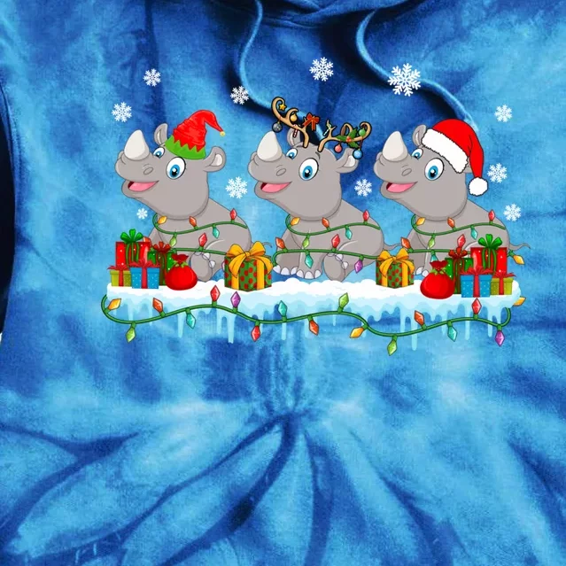 Three Funny Santa Reindeer Hippos Xmas Lights Presents Funny Gift Tie Dye Hoodie