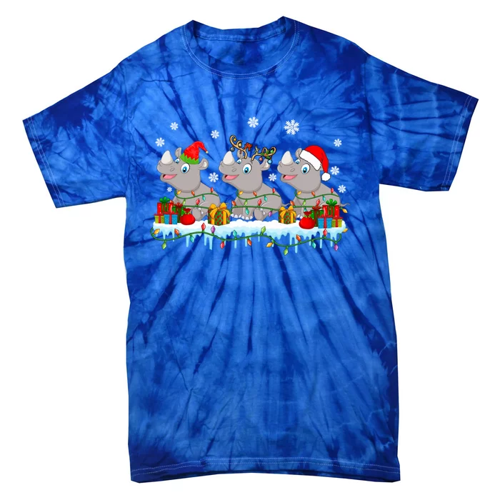 Three Funny Santa Reindeer Hippos Xmas Lights Presents Funny Gift Tie-Dye T-Shirt