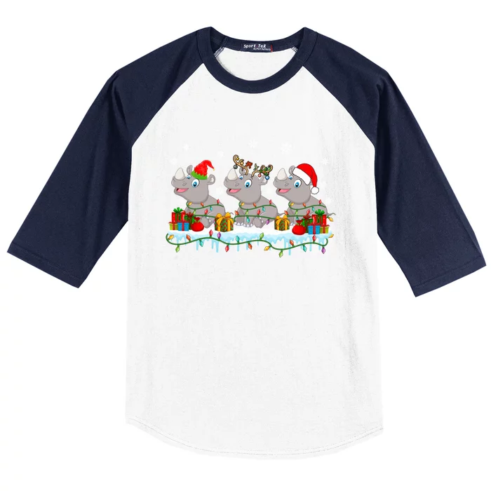 Three Funny Santa Reindeer Hippos Xmas Lights Presents Funny Gift Baseball Sleeve Shirt