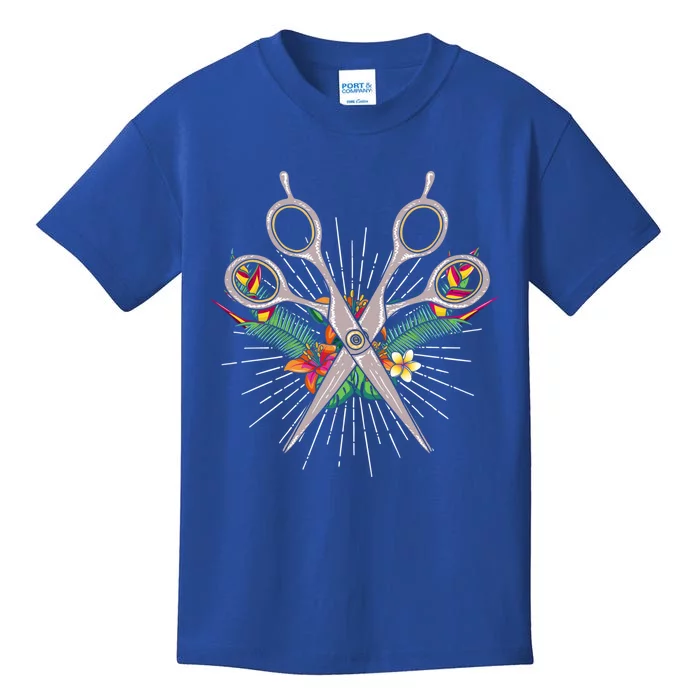 Tropical Flowers Scissors Hairdresser Gift Cute Hairstylist Gift Kids T-Shirt