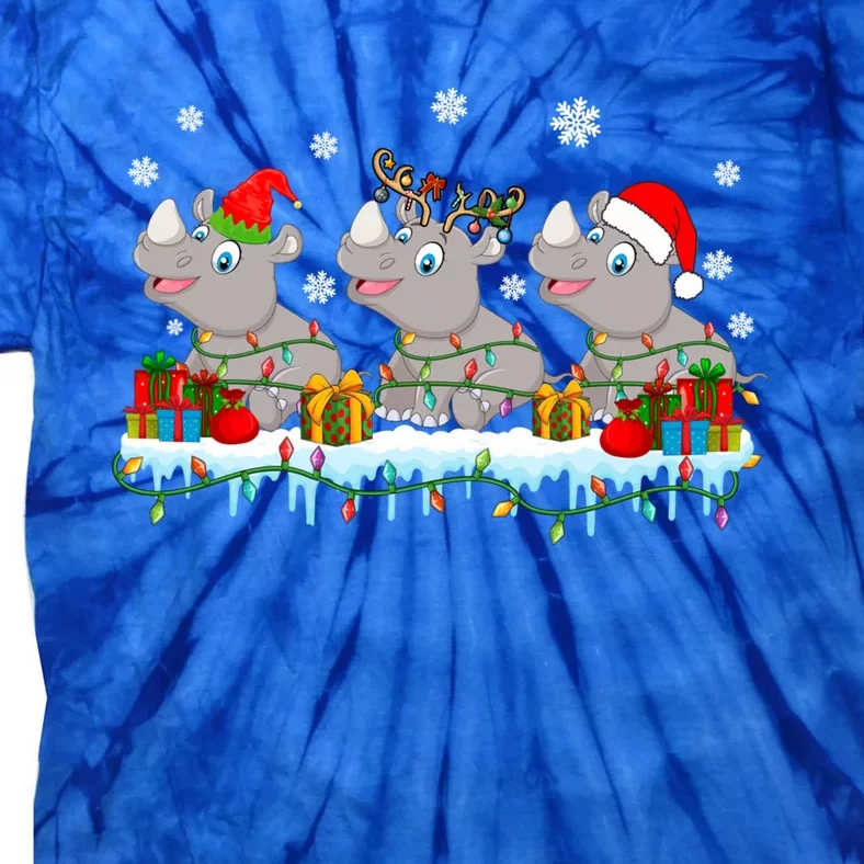 Three Funny Santa Reindeer Hippos Xmas Lights Presents Gift Tie-Dye T-Shirt