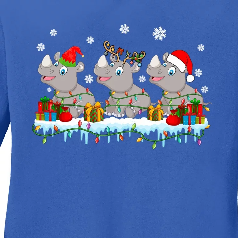 Three Funny Santa Reindeer Hippos Xmas Lights Presents Gift Ladies Long Sleeve Shirt