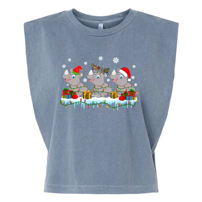 Three Funny Santa Reindeer Hippos Xmas Lights Presents Gift Garment-Dyed Women's Muscle Tee