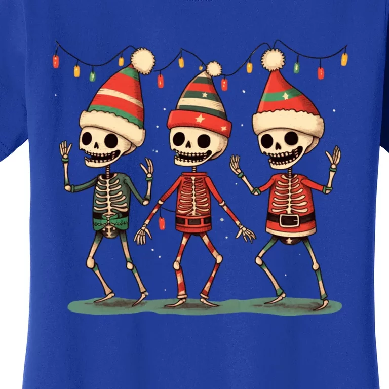 Three Funny Skeletons Dancing Christmas Tree Light Cute Xmas Gift Women's T-Shirt