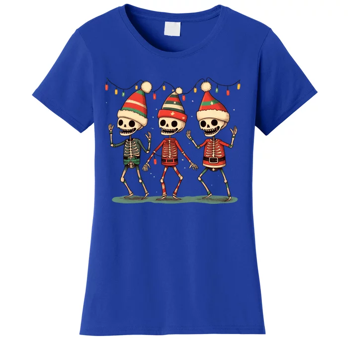 Three Funny Skeletons Dancing Christmas Tree Light Cute Xmas Gift Women's T-Shirt