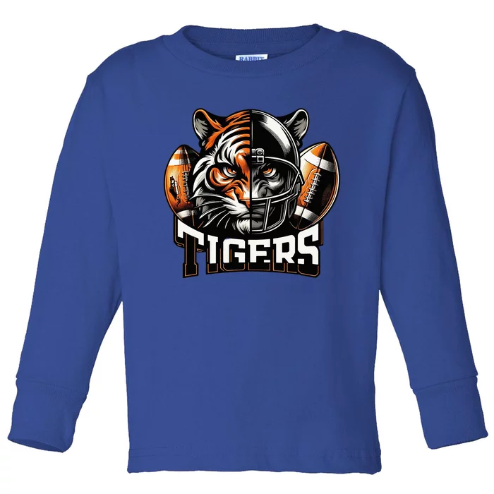 Tigers Football School Sports Fan Team Spirit Graphic Toddler Long Sleeve Shirt