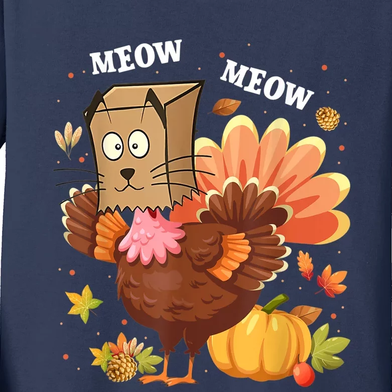 Thanksgiving Funny Turkey Fake Cat Meow Kitty Cats Lover Kids Long Sleeve Shirt