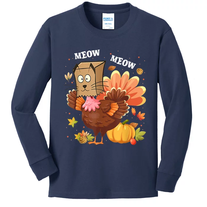 Thanksgiving Funny Turkey Fake Cat Meow Kitty Cats Lover Kids Long Sleeve Shirt