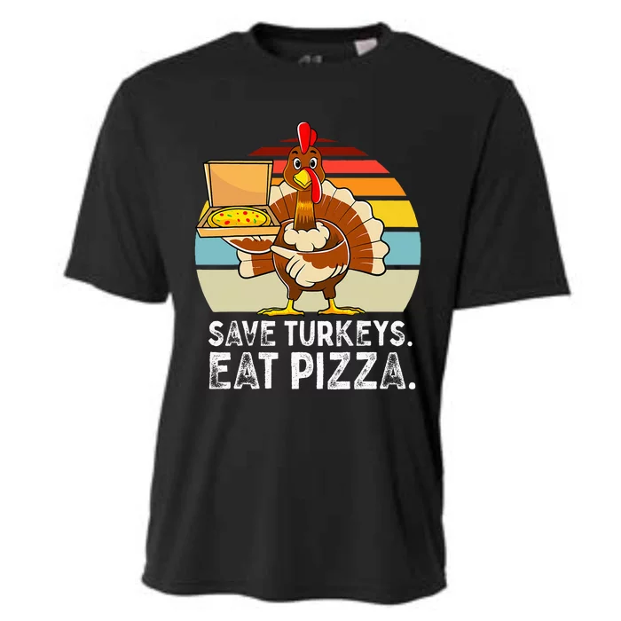 Turkey Funny Thanksgiving Save Turkeys Eat Pizza Cooling Performance Crew T-Shirt