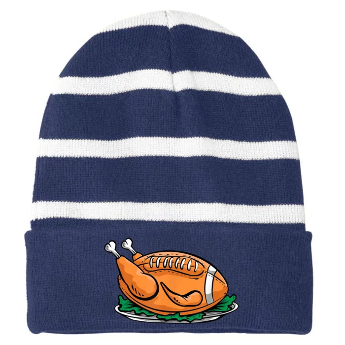 Turkey Football Thanksgiving Dinner Striped Beanie with Solid Band