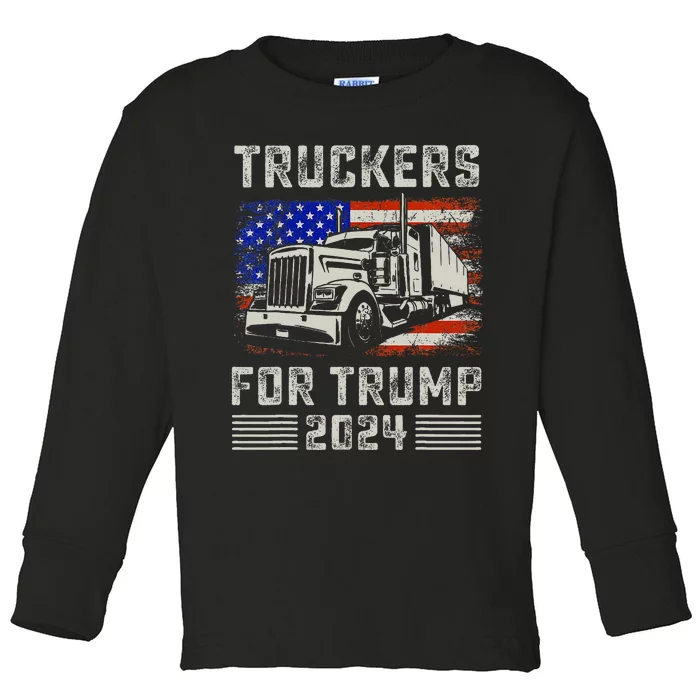 Truckers For Trump American Flag Trump 2024 Vintage Toddler Long Sleeve Shirt