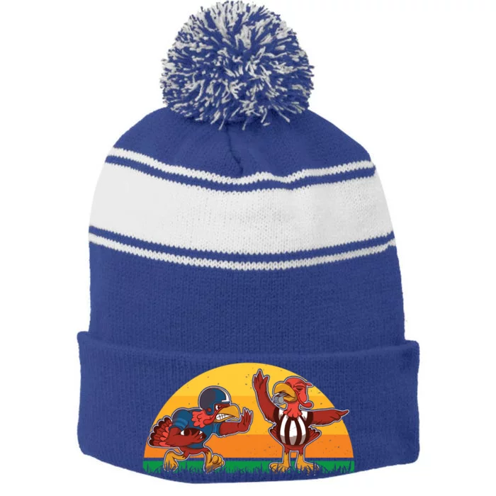 Thanksgiving Football Turkey Player Fan Thanksgiving Sports Gift Stripe Pom Pom Beanie