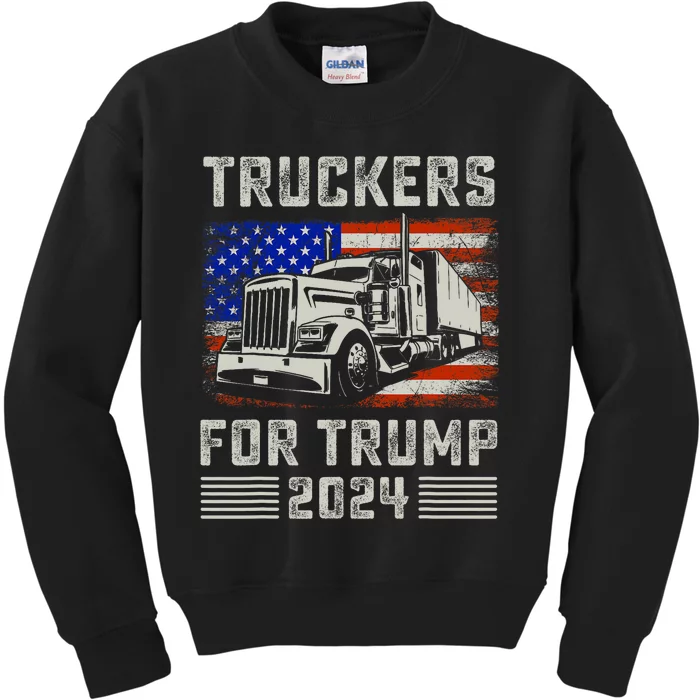 Truckers For Trump American Flag Trump 2024 Vintage Kids Sweatshirt