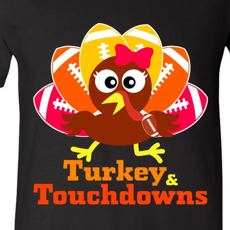 Thanksgiving Football Turkey And Touchdowns Girl Wo V-Neck T-Shirt