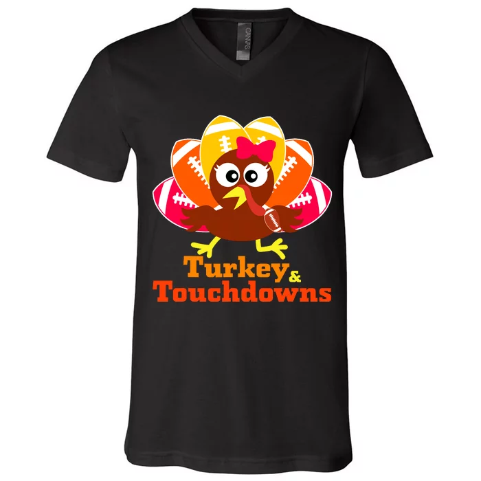 Thanksgiving Football Turkey And Touchdowns Girl Wo V-Neck T-Shirt