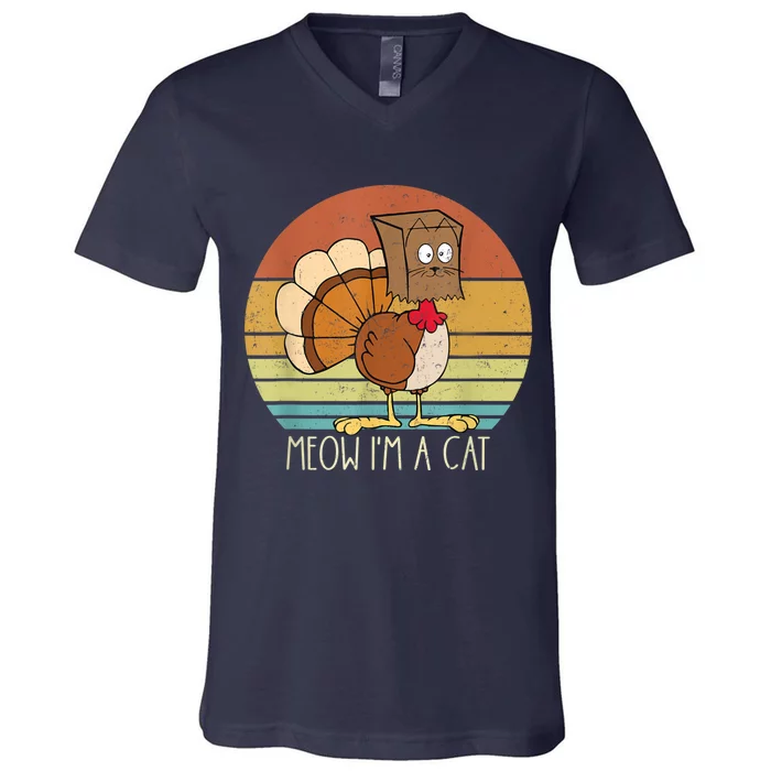 Thanksgiving Funny Turkey Fake Cat Retro Women V-Neck T-Shirt