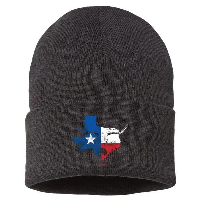 Texas Flag Vintage Texas Flag Longhorn Skull Retro Tx Sustainable Knit Beanie