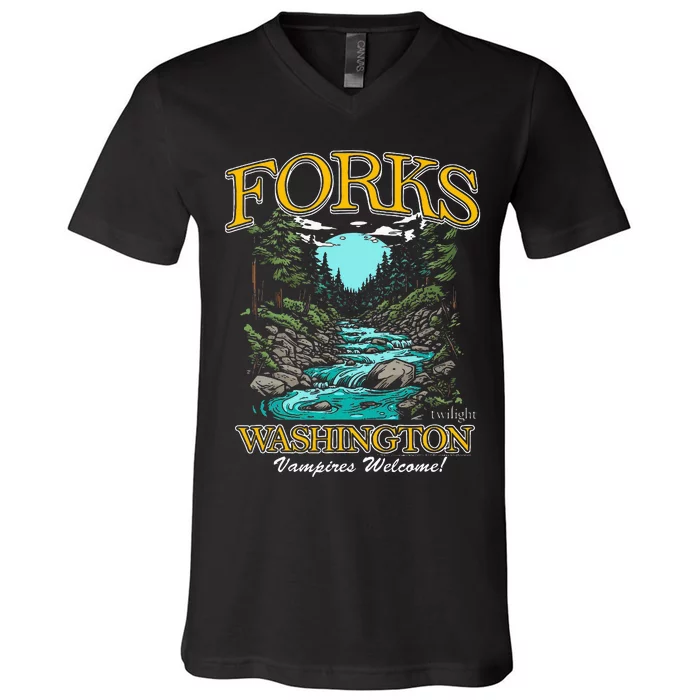 Twilight Forks Washington Vampires Welcome V-Neck T-Shirt